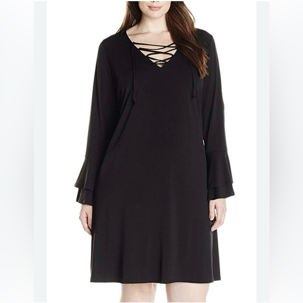Karen Kane Plus Neck Ruffle Sleeves Black Dress 3X Retail $146